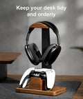 Walnut Wood Headset Stand With Built In Controller Holder And Storage Base For Your Desk, keeps headphones and controllers neatly organized.