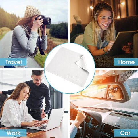 Microfiber cleaning cloth, white, for camera lenses and screens; center image with travel, home, car and work scenes.