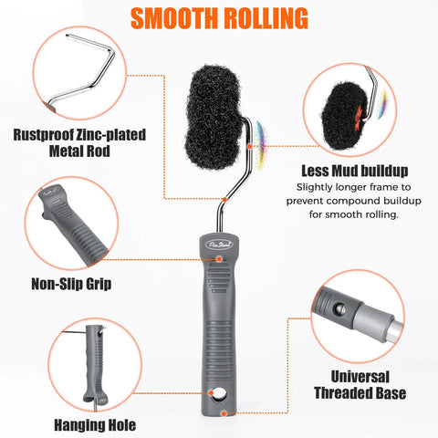 Four Pack Drywall Corner Roller Kit With Two Inch Threaded Frame And Half Inch Nap Covers For Slick Joint Compound Application That Goes On Smooth And Makes Wall Finishing Work A Breeze, featuring rustproof zinc-plated rod and non-slip grip.