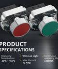Red and green momentary push buttons from 22mm Control Station Box Set with specifications for industrial panels