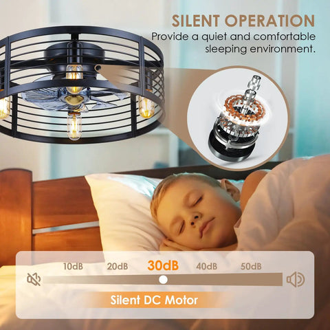 20 Inch Black Caged Ceiling Fan With Light Flush Mount Fandelier With Remote Low Profile Industrial Style For Bedroom Kitchen Dining Room Dope Airflow And Vibe Bulb Not Included displayed over a sleeping child, highlighting silent DC motor.