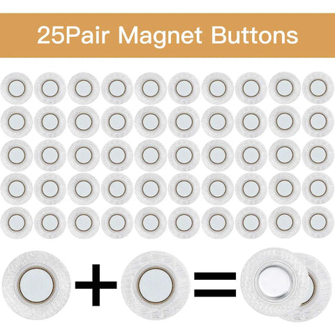 Set Of Twenty Five Mini Invisible Magnetic Snaps With Badass Hold For Baby Bibs Kids Apparel And DIY Craft Sewing Projects Round PVC Hidden Purse Hardware Kit shown in a grid with transparent soft casing.
