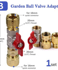 Half Inch Brass Ball Valve Hose Adapter With 16mm Quick Connector For Garden Irrigation And Watering Fittings Extender Coupling Joint Easy Install Ideal For DIY Garden Projects And Quick Watering Setup On Any Hose System. Brass valve adapter with red handle, 20mm thread and 16mm quick connector.