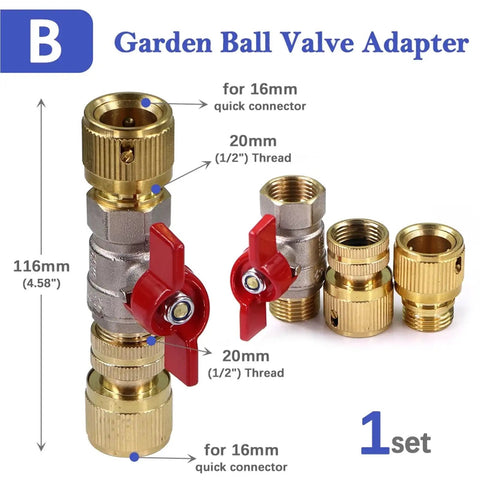 Half Inch Brass Ball Valve Hose Adapter With 16mm Quick Connector For Garden Irrigation And Watering Fittings Extender Coupling Joint Easy Install Ideal For DIY Garden Projects And Quick Watering Setup On Any Hose System. Brass valve adapter with red handle, 20mm thread and 16mm quick connector.