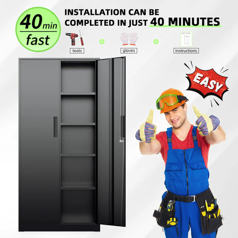 Black 72 Inch Tall Locking Steel Cabinet With Two Doors And Four Adjustable Shelves, easy assembly in 40 minutes