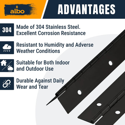 ALBO 36-inch black piano hinge, continuous 304 stainless steel, matte finish, surface-mount, 2-pack for piano lids