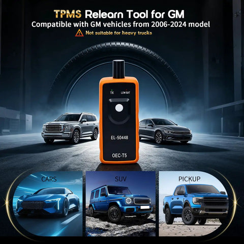 No Hassle Tpms Relearn Tool For Gm Cars El 50448 displayed with various GM vehicle types including cars, SUVs, and pickups.