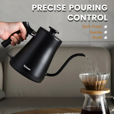 Gooseneck Electric Kettle With 304 Stainless Steel Build Auto Shutoff And Anti Dry Protection For Pour Over Coffee And Tea Matte Black 1.0L 1200W Fast Boil No Plastic Contact BPA Free being used to pour water into a coffee dripper