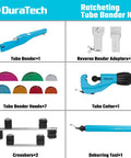 Duratech Heavy Duty Ratcheting Tube Bender Kit With Pipe Cutter And Deburrer showing components including tube bender, dies, and tools.