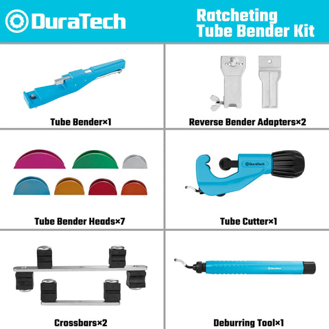 Duratech Heavy Duty Ratcheting Tube Bender Kit With Pipe Cutter And Deburrer showing components including tube bender, dies, and tools.