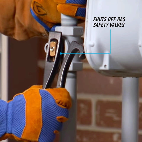 Close-up of Compact Rescue Tool With Lock, 9 Inch Spring Loaded Multitool for Emergency Use, operating a gas valve.