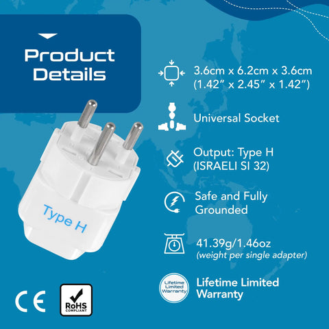 Type H Travel Power Adapter 3 Pack Grounded 3 Prong Plug Travel Kit For Israel Palestine Jerusalem Holy City Compact Travel Ready
