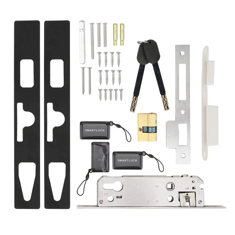 All In One Antitheft Door Lock With Waterproof Build And Fingerprint Password IC Card Mobile App Remote Unlock Key Backup 200 Fingerprints 100 Cards Tuya Compatible Aluminum Alloy Easy Install components laid out