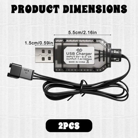 7.4 Volt LiPo Battery Charger Cable With SM3PIN Plug for RC cars, dimensions 5.5x1.5cm, USB powered for 2S LiPo packs