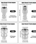 Four-piece stainless steel NPT quick-connect adapter kit with 1/4 inch inner and outer threaded male and female fittings.