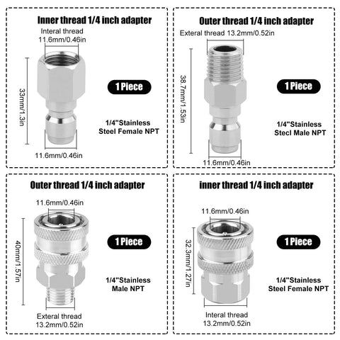 Four-piece stainless steel NPT quick-connect adapter kit with 1/4 inch inner and outer threaded male and female fittings.