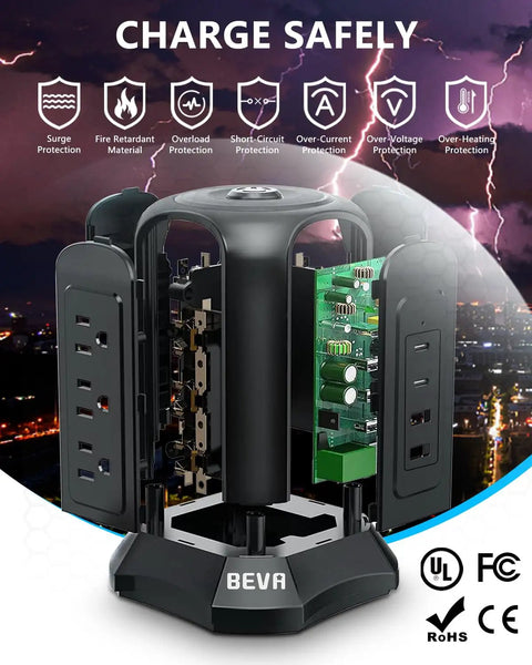 Internal view of 13 In 1 Tower Surge Protector With USB Charging Station showing circuit board and protection features.