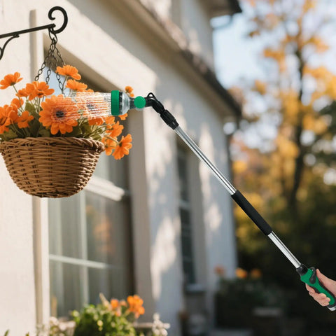 Telescoping Watering Wand For Garden Hose 36 To 54 Inch Adjustable Reach used on hanging basket of flowers