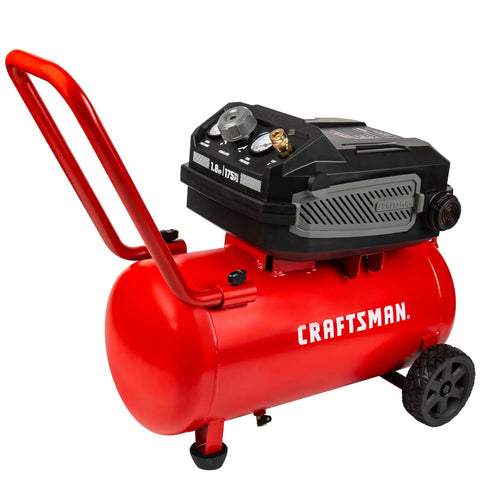 No Nonsense 10 Gallon Electric Air Compressor With Wheels 175 Psi Max Push 1 8 Hp Oil Free Motor Dead Quiet Setup for auto repair, red with gauge.