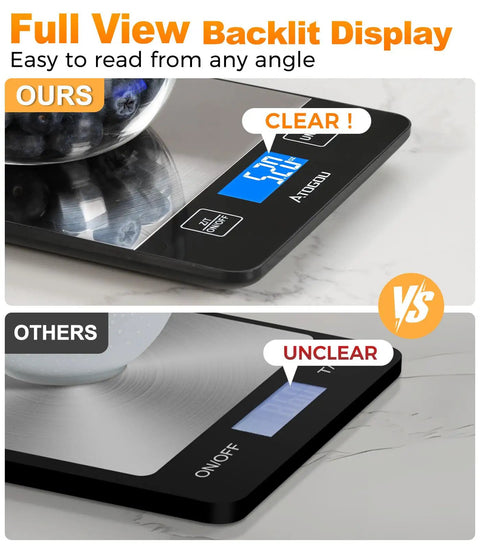 Comparison of full view backlit display on digital food scale for home cooks, 33lb capacity, 1g precision, pro grade readouts.