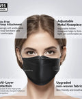 Woman wearing KN95 Face Masks 50 Pack for Adults and Teens, Soft And Comfy Disposable Masks With Up To 95 Percent Filtration, Black 3D Ergonomic Design For Secure Fit And Everyday Protection.