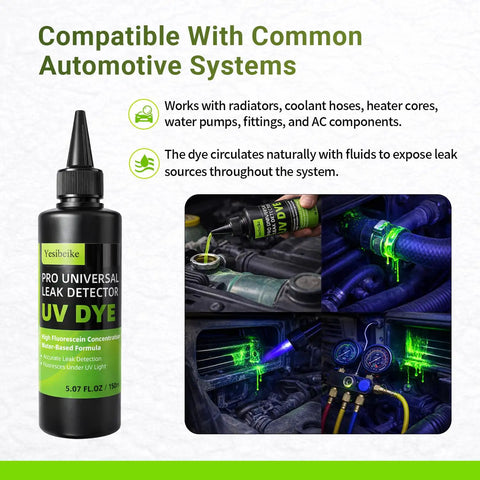Easy Find Automotive Uv Leak Detector Dye Kit With Bright Glow Tracer Quick Catch For Sneaky Radiator Coolant Ac Water Pump And Heater Core Leaks Zero Fuss close-up of UV dye application in engine with fluorescent glow.