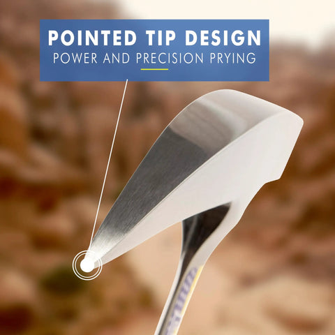 Close-up of Rock Pick Hammer 22 Oz USA Made Geology Tool with pointed tip and text 'Pointed Tip Design Power and Precision Prying'