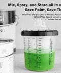 Professional Grade Lvlp Air Spray Gun Kit Featuring Precision Adjustable Tips And Constant Pressure Valve Plus Ten Heavy Duty Cups For No Fuss Auto Body Home Fence Varnish Coating Jobs That Hit Hella Smooth - clear mixing cup with green paint.