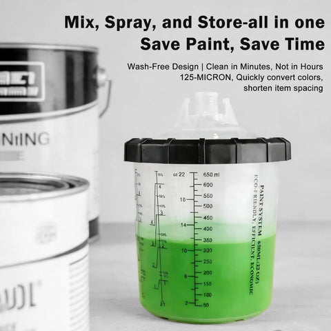 Professional Grade Lvlp Air Spray Gun Kit Featuring Precision Adjustable Tips And Constant Pressure Valve Plus Ten Heavy Duty Cups For No Fuss Auto Body Home Fence Varnish Coating Jobs That Hit Hella Smooth - clear mixing cup with green paint.