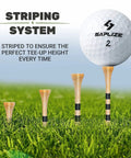 150 Pack Bamboo Golf Tees 3.25 Inch Long, Durable Eco Friendly Tees With Black Stripe Height Marker displayed on grass