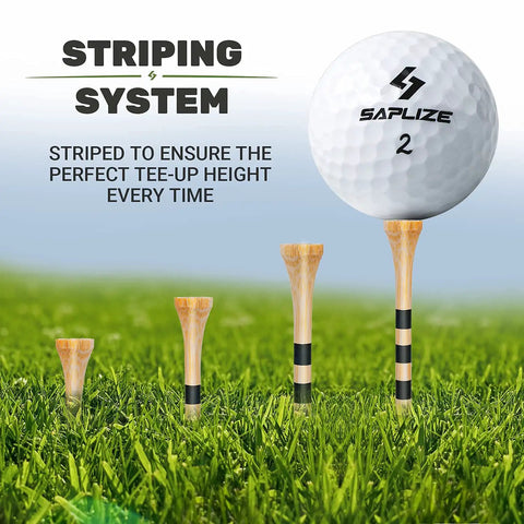 150 Pack Bamboo Golf Tees 3.25 Inch Long, Durable Eco Friendly Tees With Black Stripe Height Marker displayed on grass