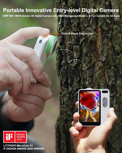 4K Microscope Camera for Kids With 12MP BSI Sensor, Autofocus, 400X Magnification, 3.5 Inch LCD, Portable Point and Shoot for STEM Learning, Travel Ready, Ideal Gift, 128GB Included; hand-held near tree bark