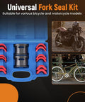 Fork Seal Driver Tool Kit For Motorcycles And Bikes Pro Grade 14 Piece Set With Adapters in blue case next to bike images