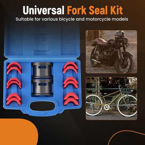 Fork Seal Driver Tool Kit For Motorcycles And Bikes Pro Grade 14 Piece Set With Adapters in blue case next to bike images