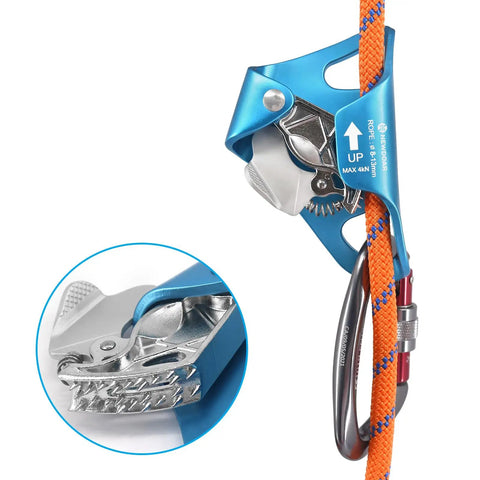 Lightweight Rock Climbing Chest Ascender for Vertical Rope Climbing, CE Certified Rope Clamp fits 8 to 13 mm ropes, shown with detail view.