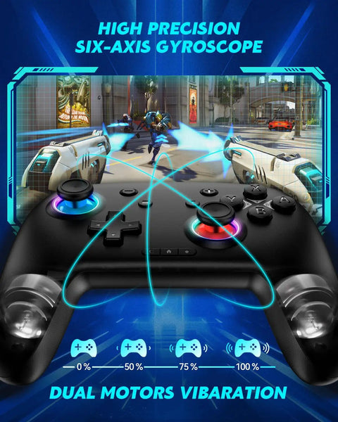 Enhanced Wireless Bluetooth Switch Controller with six-axis and dual motors for Nintendo Switch and more.