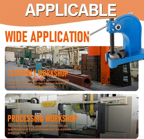 Solid Build Manual Arbor Press With Easy Spin Hand Wheel And Flip Ram, 2 Ton Squeeze, shown in assembly and processing workshop setting.