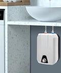 Wall Mounted Electric Mini Tank Water Heater 1.59 Gallon 1500 Watt 110 Volt Adjustable Thermostat installed under sink.
