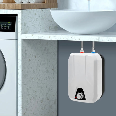 Wall Mounted Electric Mini Tank Water Heater 1.59 Gallon 1500 Watt 110 Volt Adjustable Thermostat installed under sink.