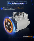 Hella Quiet Ac Compressor Replacement For Honda Crv 2002 Through 2006 Giving Slick Seven Groove Pulley Action And Crisp Rapid Cooling Performance Upgrades close-up view of compressor with seven groove pulley and oil.