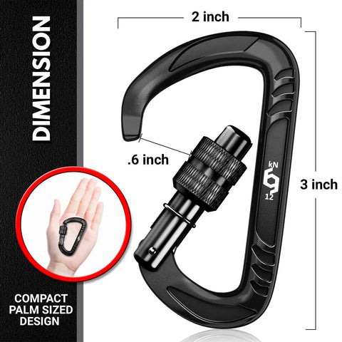 Heavy Duty Carabiner Clips 12kN 2697 Lbs Quick Lock Aluminum 7075 For Camping Hiking Hammock Pet Security Leashes Keychains, black carabiner dimensions.