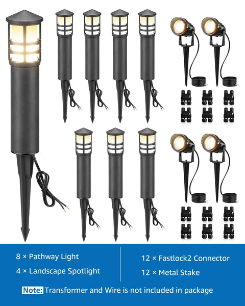 Low Voltage Landscape Lighting Kit With Eight Path Lights And Four Spotlights For Garden, Path, Yard And Patio, 12 to 24V AC DC, IP65 Waterproof, 3000K Warm White, Cast Aluminum Black Finish, Includes Fastlock2 Connectors Upgrade Your Outdoor Space display