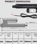 Beefy 12V Linear Actuator With 4 Inch Stroke, 5mm Per Second, IP54 Waterproof, 3000N 660 lb Peak Lift product dimensions diagram.