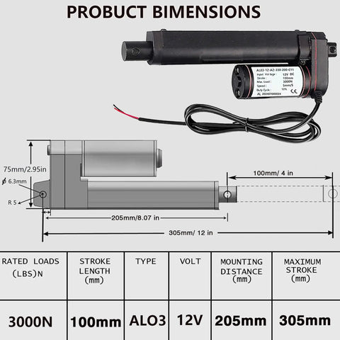 Beefy 12V Linear Actuator With 4 Inch Stroke, 5mm Per Second, IP54 Waterproof, 3000N 660 lb Peak Lift product dimensions diagram.