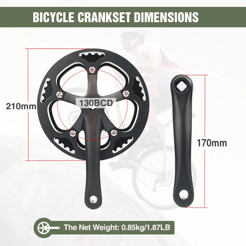 48T Steel Chainring Crankset With 170mm Arms And Aluminum Single Cover Fits Single Speed And 6 7 8 9 Speed Bikes MTB And Road Bikes Black Tough Steel Build For Rugged Trails And Easy Chain Retention, showing 130BCD and 210mm dimensions.