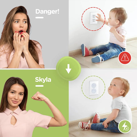 Image of a child near an uncovered plug and with 36 Pack Clear Outlet Covers Dielectric Plastic Plugs For Electrical Sockets Baby Proofing.