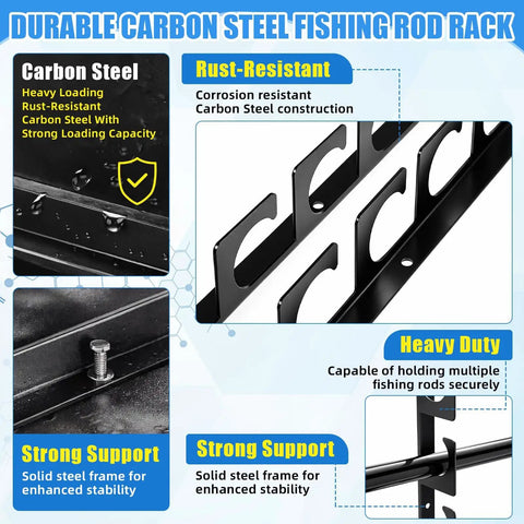16 Pack Fishing Rod Holders For Wall And Ceiling Mounted Racks Horizontal Pole Storage System Holds Up To 40 Rods Keeps Gear Off The Floor And Neatly Organized Ideal For Garage Boats Docks And Outdoor Gear, showing carbon steel construction features.