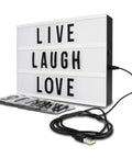 Cinema Style 10 LED Light Box Decor For A Retro Theater Vibe with USB cable, displaying 'Live Laugh Love', white finish