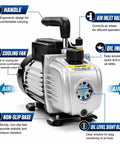 3.5 CFM HVAC Vacuum Pump 1 Quarter HP Pro Grade Refrigeration Tool With R134a R12 R22 R410a Compatibility Includes AC Manifold Gauge Can Tap Carrying Tote Quiet Operation silver pump with handle, oil sight glass, and base