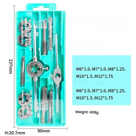 12 Piece Alloy Steel Tap And Die Set For Metric Threads External And Internal Thread Tools in blue plastic case.